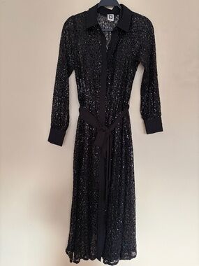 Anne Klein Black Sequin Lace Shirt Dress Size 6 | Long Sleeve Belted Midi